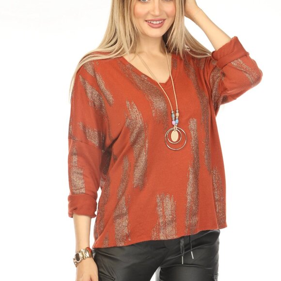 Rust shiny v neck Top - Picture 4 of 6
